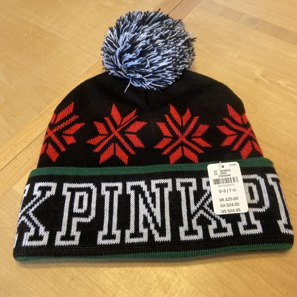 Pink Victoria's Secret Knit Snowflake Ski Winter Hat Beanie POM POM